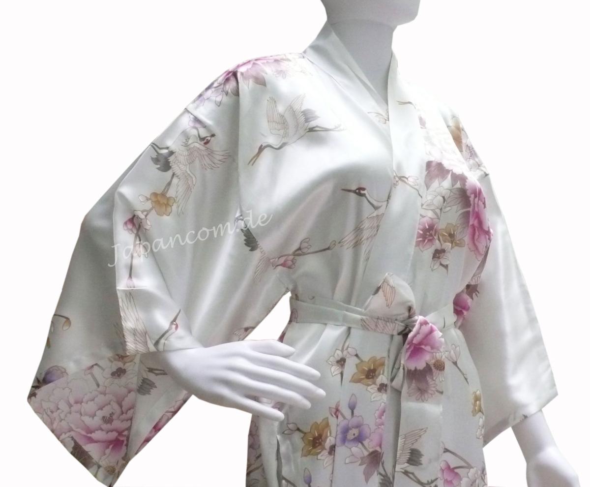 Kimono Royal Cranes weiss, kurz, Seide, Morgenmantel